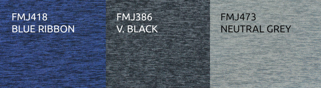 Two-Tone Ecoflex Heather Neoprene: FMJ418 Blue Ribbon, FMJ386 V. Black, FMJ473 Neutral Grey